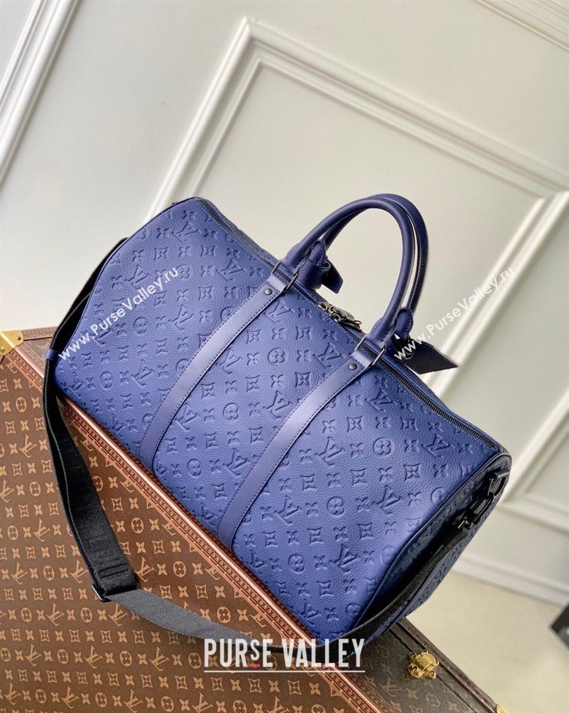 Louis Vuitton Mens Keepall Bandouliere 50 Travel Bag in Monogram Taurillon Leather Blue 2026 M11495 (KI-260202096)