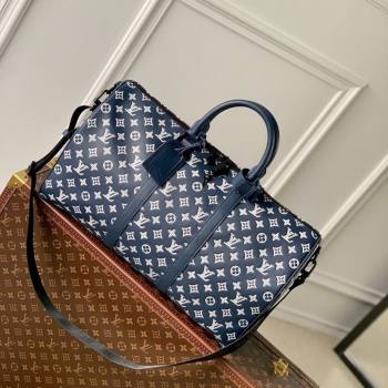 Louis Vuitton Mens Keepall Bandouliere 50 Travel Bag in Monogram Shadow Leather Ink Blue/White 2026 M24953 (KI-260202097)