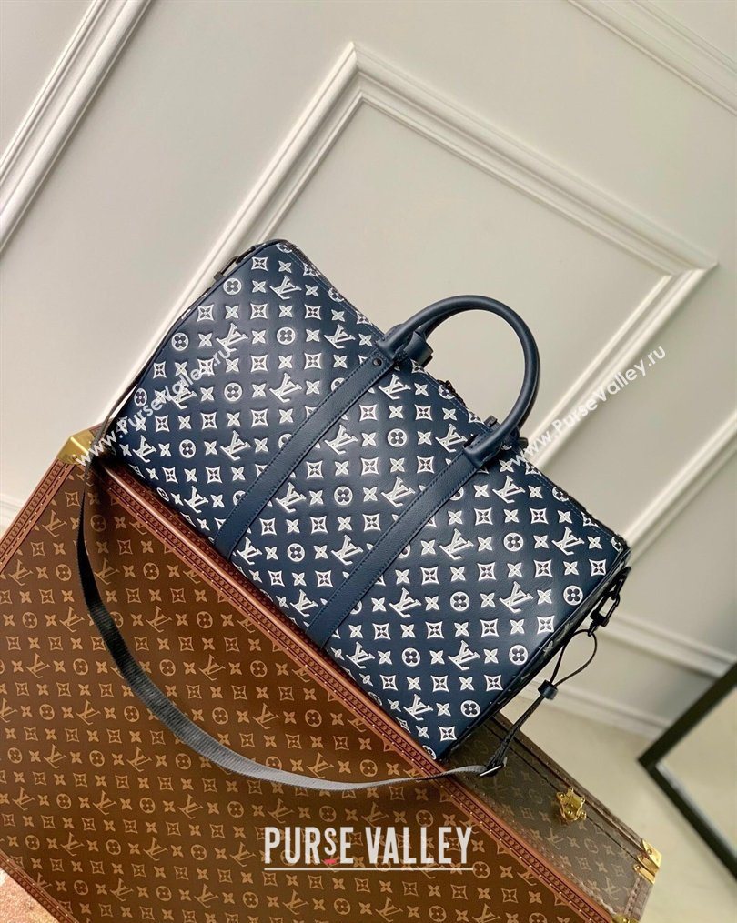 Louis Vuitton Mens Keepall Bandouliere 50 Travel Bag in Monogram Shadow Leather Ink Blue/White 2026 M24953 (KI-260202097)