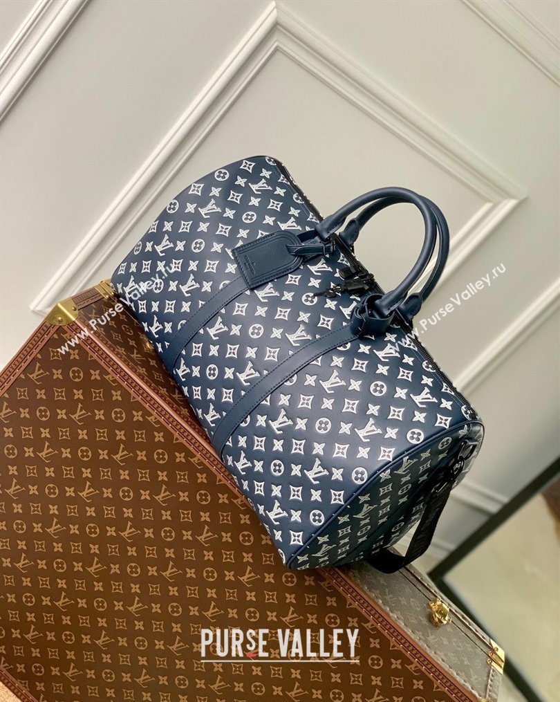 Louis Vuitton Mens Keepall Bandouliere 50 Travel Bag in Monogram Shadow Leather Ink Blue/White 2026 M24953 (KI-260202097)