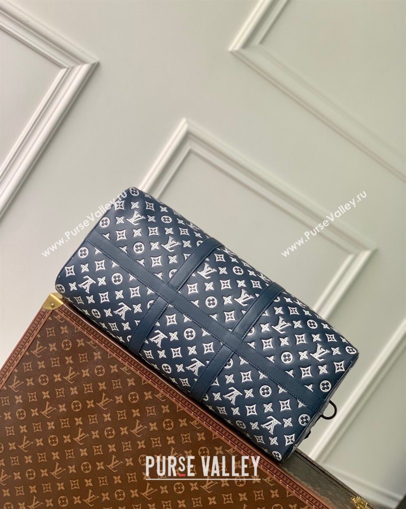 Louis Vuitton Mens Keepall Bandouliere 50 Travel Bag in Monogram Shadow Leather Ink Blue/White 2026 M24953 (KI-260202097)