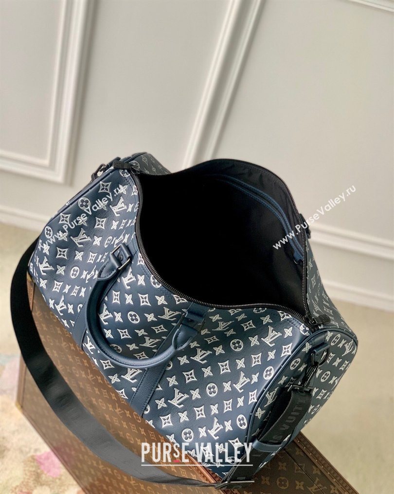 Louis Vuitton Mens Keepall Bandouliere 50 Travel Bag in Monogram Shadow Leather Ink Blue/White 2026 M24953 (KI-260202097)