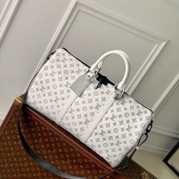 Louis Vuitton Mens Keepall Bandouliere 50 Travel Bag in Monogram Shadow Leather White/Blue 2026 M24953 (KI-260202098)