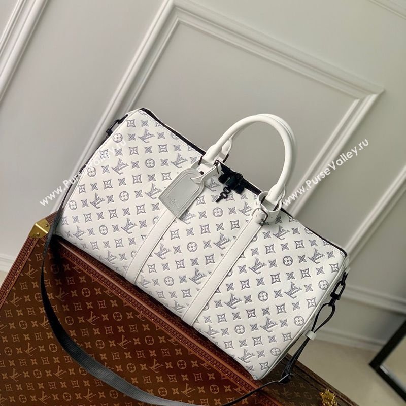 Louis Vuitton Mens Keepall Bandouliere 50 Travel Bag in Monogram Shadow Leather White/Blue 2026 M24953 (KI-260202098)