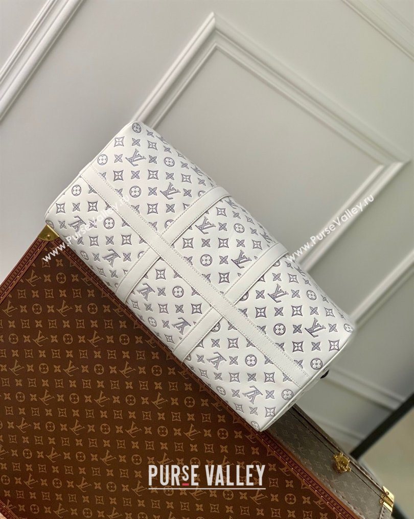 Louis Vuitton Mens Keepall Bandouliere 50 Travel Bag in Monogram Shadow Leather White/Blue 2026 M24953 (KI-260202098)