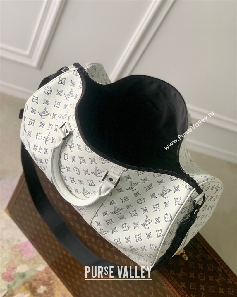 Louis Vuitton Mens Keepall Bandouliere 50 Travel Bag in Monogram Shadow Leather White/Blue 2026 M24953 (KI-260202098)