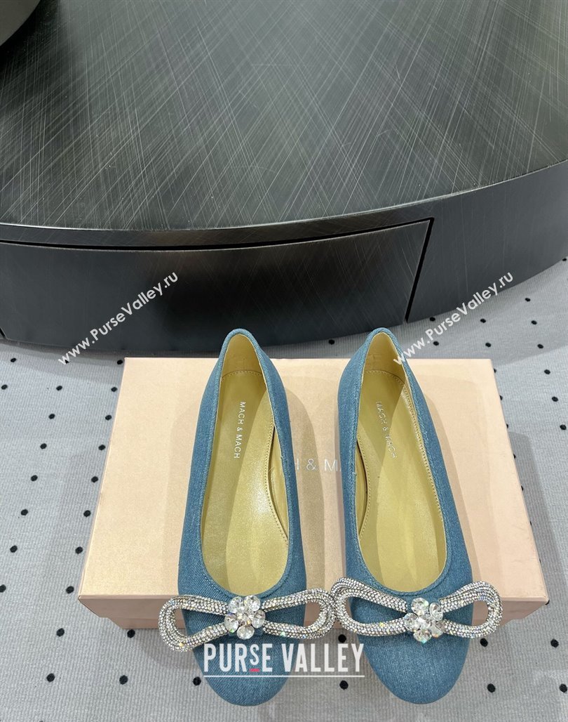 Mach Mach Strass Double Bow Ballet Flat in Blue Denim 2024 0703 (MD-240703109)