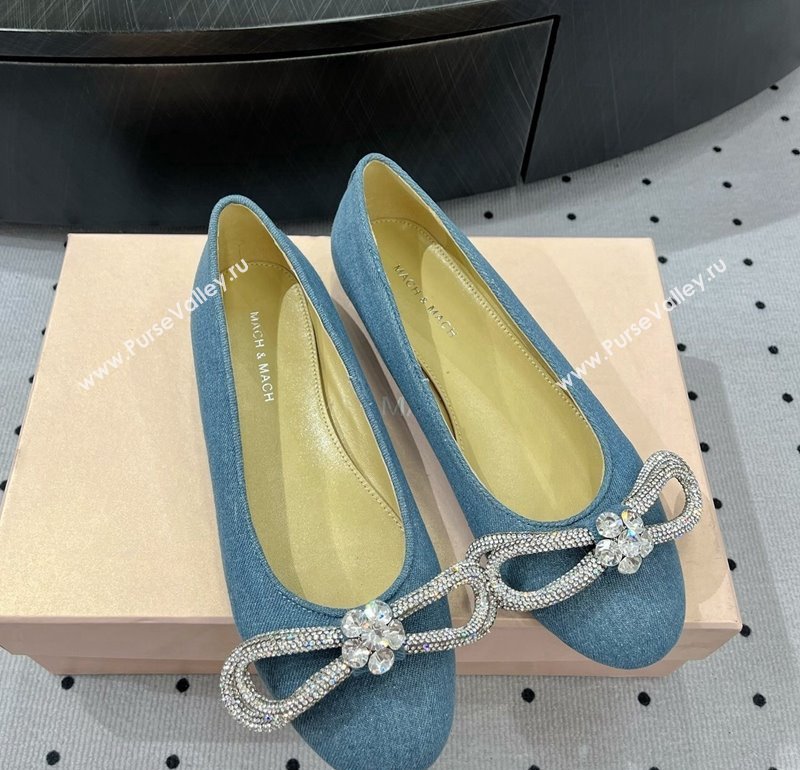 Mach Mach Strass Double Bow Ballet Flat in Blue Denim 2024 0703 (MD-240703109)