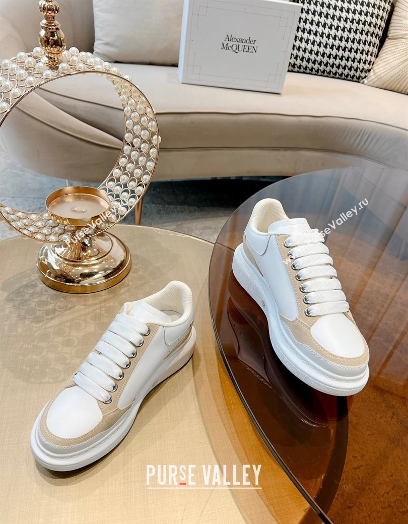 Alexander McQueen Oversized Retro Sneakers in Patchwork Silky Calfskin White/Beige2 2024 1225 (SS-241225077)