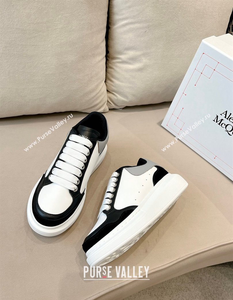 Alexander McQueen Oversized Retro Sneakers in Patchwork Silky Calfskin White/Grey/Black 2024 1225 (SS-241225078)