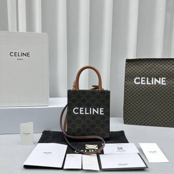 Celine Mini Vertical Cabas Tote Bag in Triomphe Canvas and Calfskin Tan Brown 2024 60007 (ningm-240417053)