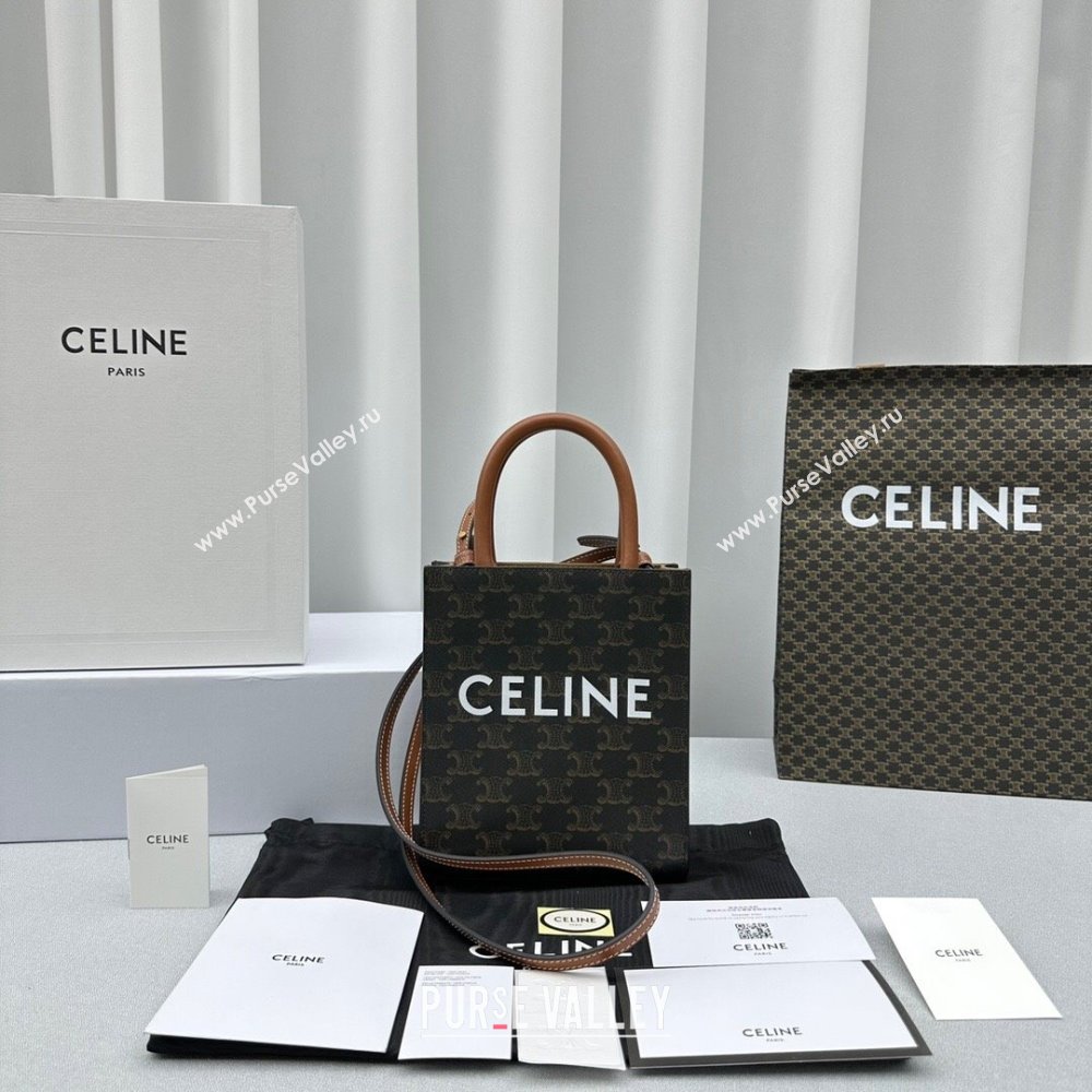 Celine Mini Vertical Cabas Tote Bag in Triomphe Canvas and Calfskin Tan Brown 2024 60007 (ningm-240417053)