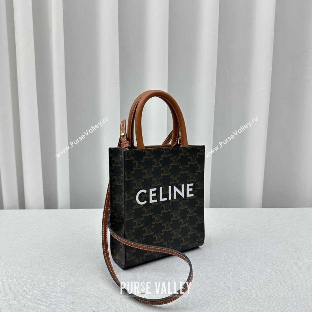 Celine Mini Vertical Cabas Tote Bag in Triomphe Canvas and Calfskin Tan Brown 2024 60007 (ningm-240417053)