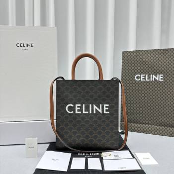 Celine Small Vertical Cabas Tote Bag in Triomphe Canvas and Calfskin Tan Brown 2024 60007 (ningm-240417052)