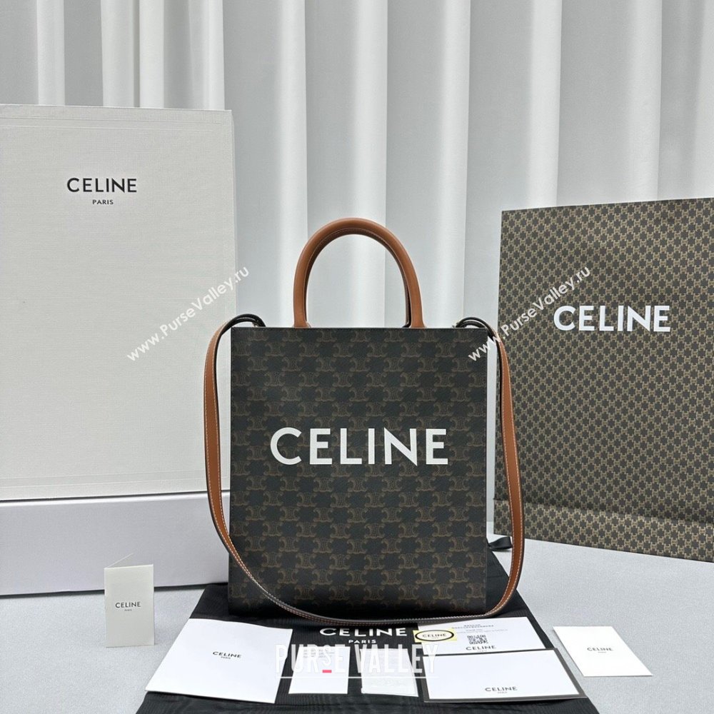 Celine Small Vertical Cabas Tote Bag in Triomphe Canvas and Calfskin Tan Brown 2024 60007 (ningm-240417052)