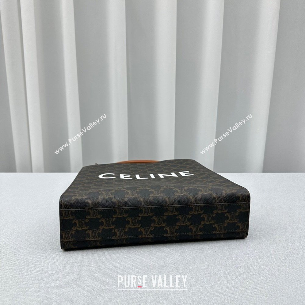 Celine Small Vertical Cabas Tote Bag in Triomphe Canvas and Calfskin Tan Brown 2024 60007 (ningm-240417052)