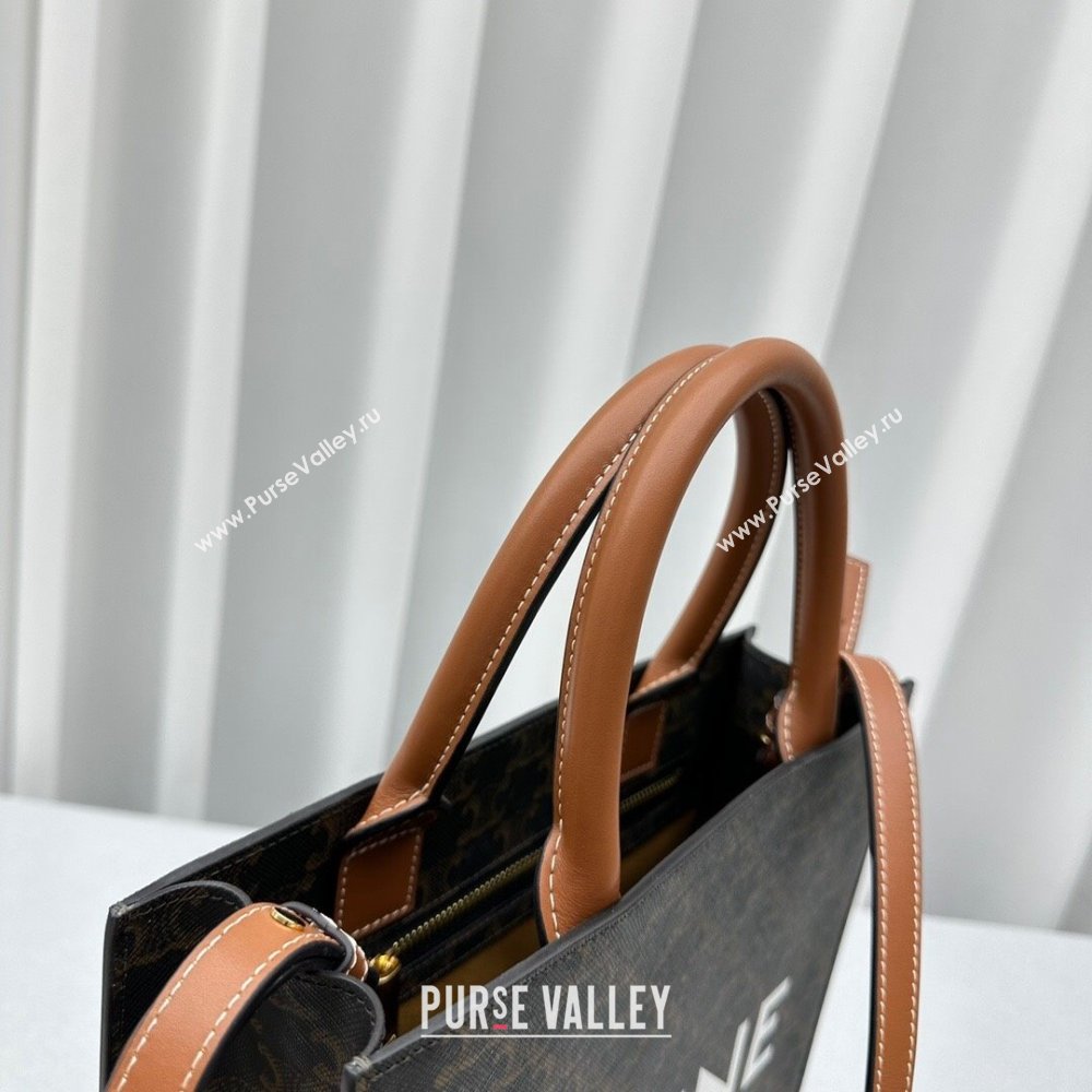 Celine Small Vertical Cabas Tote Bag in Triomphe Canvas and Calfskin Tan Brown 2024 60007 (ningm-240417052)