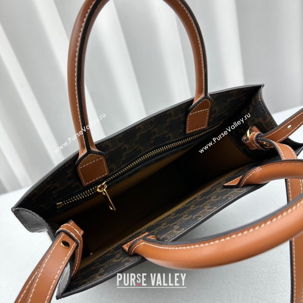 Celine Small Vertical Cabas Tote Bag in Triomphe Canvas and Calfskin Tan Brown 2024 60007 (ningm-240417052)