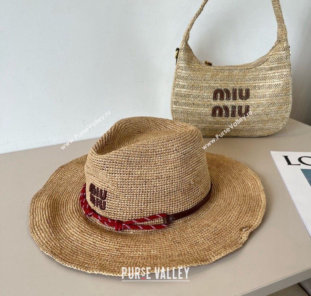 Miu Miu Straw Wide Brim Hat with Red Cord 2025 (SHI-250617025)