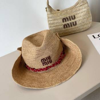 Miu Miu Straw Wide Brim Hat with Red Cord 2025 (SHI-250617025)