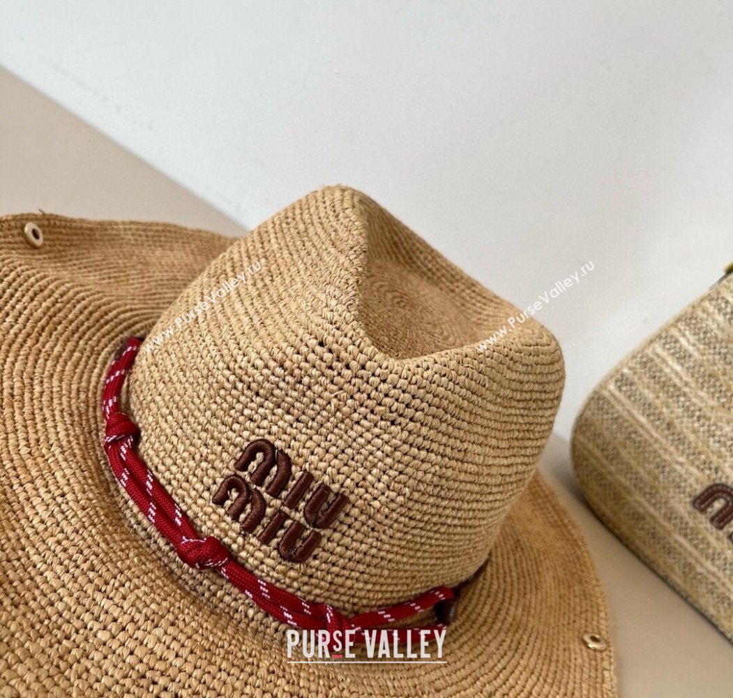 Miu Miu Straw Wide Brim Hat with Red Cord 2025 (SHI-250617025)