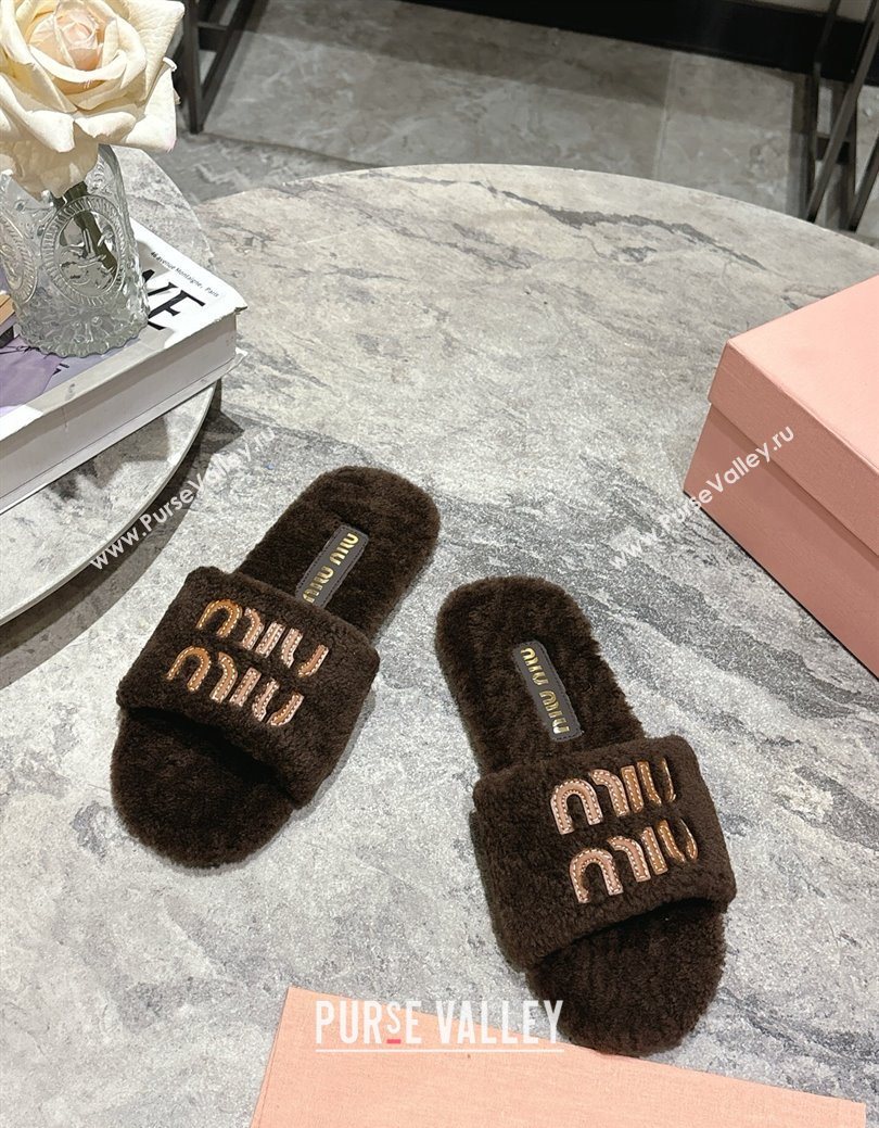 Miu Miu Shearling Flat Slides Sandal Dark Brown 2025 MIU082608 (MD-250826052)