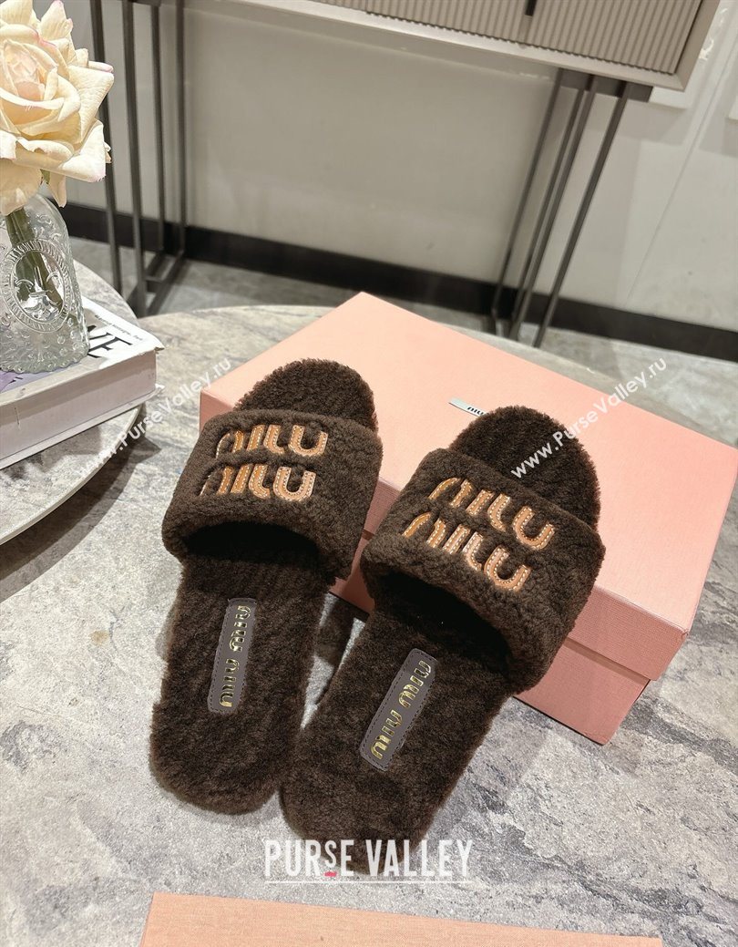 Miu Miu Shearling Flat Slides Sandal Dark Brown 2025 MIU082608 (MD-250826052)