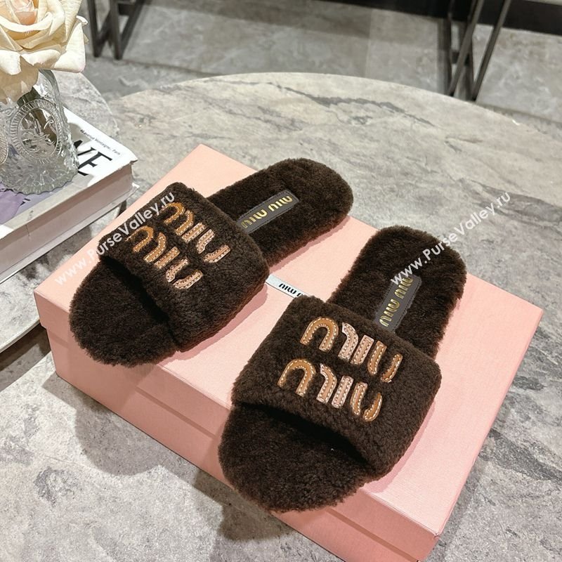 Miu Miu Shearling Flat Slides Sandal Dark Brown 2025 MIU082608 (MD-250826052)