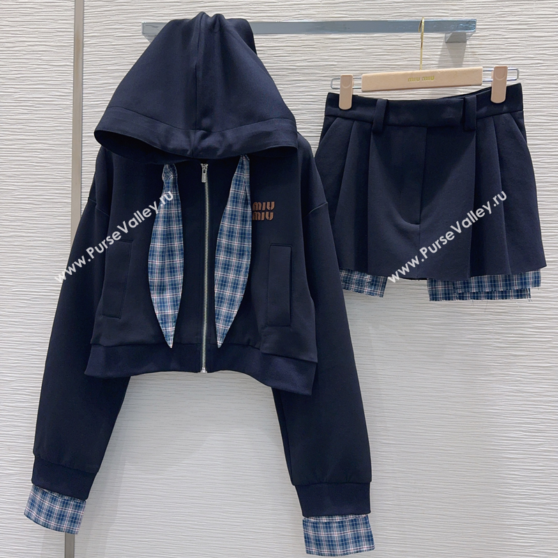 Miu Miu Jacket and Mini Skirt Set with Plaid Trim Blue 2025 MIU0903023 (QI-250903026)