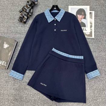 Miu Miu Sweatshirt and Shorts Set with Plaid Trim Blue 2025 MIU0903014 (QI-250903014)