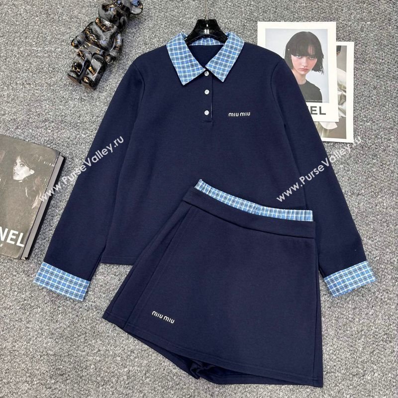 Miu Miu Sweatshirt and Shorts Set with Plaid Trim Blue 2025 MIU0903014 (QI-250903014)