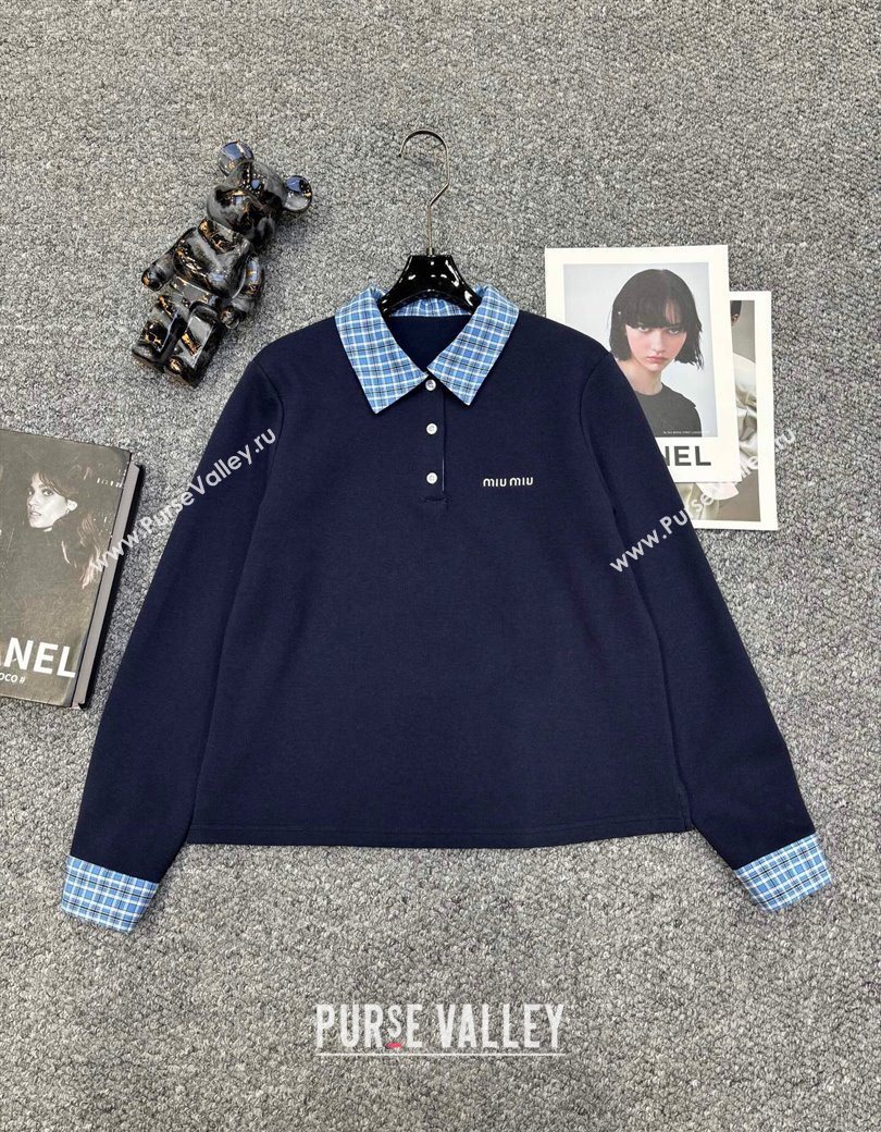 Miu Miu Sweatshirt and Shorts Set with Plaid Trim Blue 2025 MIU0903014 (QI-250903014)