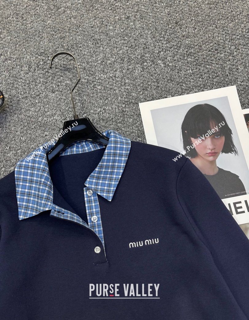 Miu Miu Sweatshirt and Shorts Set with Plaid Trim Blue 2025 MIU0903014 (QI-250903014)