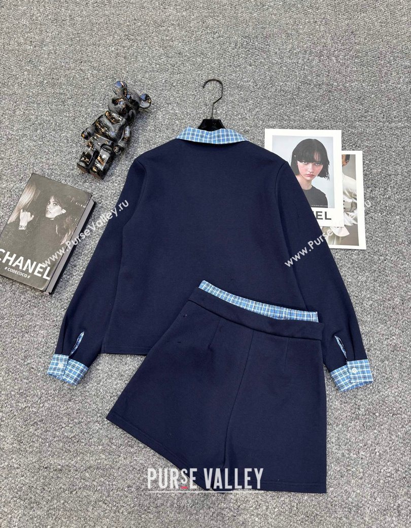 Miu Miu Sweatshirt and Shorts Set with Plaid Trim Blue 2025 MIU0903014 (QI-250903014)