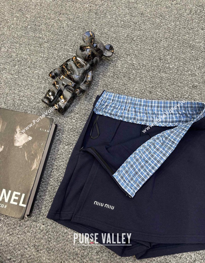 Miu Miu Sweatshirt and Shorts Set with Plaid Trim Blue 2025 MIU0903014 (QI-250903014)
