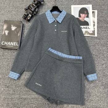 Miu Miu Sweatshirt and Shorts Set with Plaid Trim Grey 2025 MIU0903014 (QI-250903015)