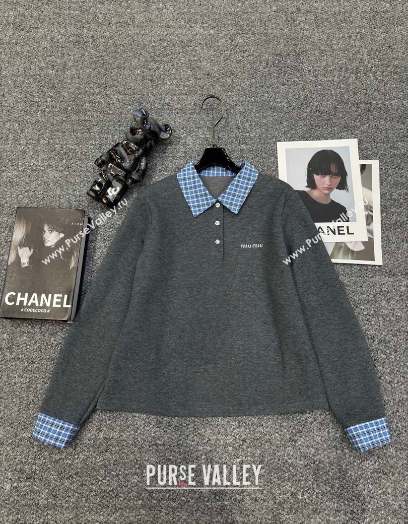 Miu Miu Sweatshirt and Shorts Set with Plaid Trim Grey 2025 MIU0903014 (QI-250903015)