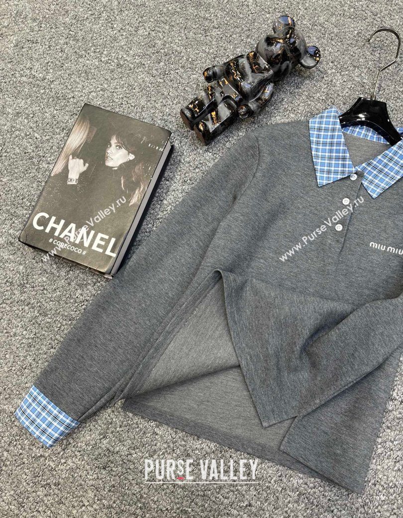 Miu Miu Sweatshirt and Shorts Set with Plaid Trim Grey 2025 MIU0903014 (QI-250903015)