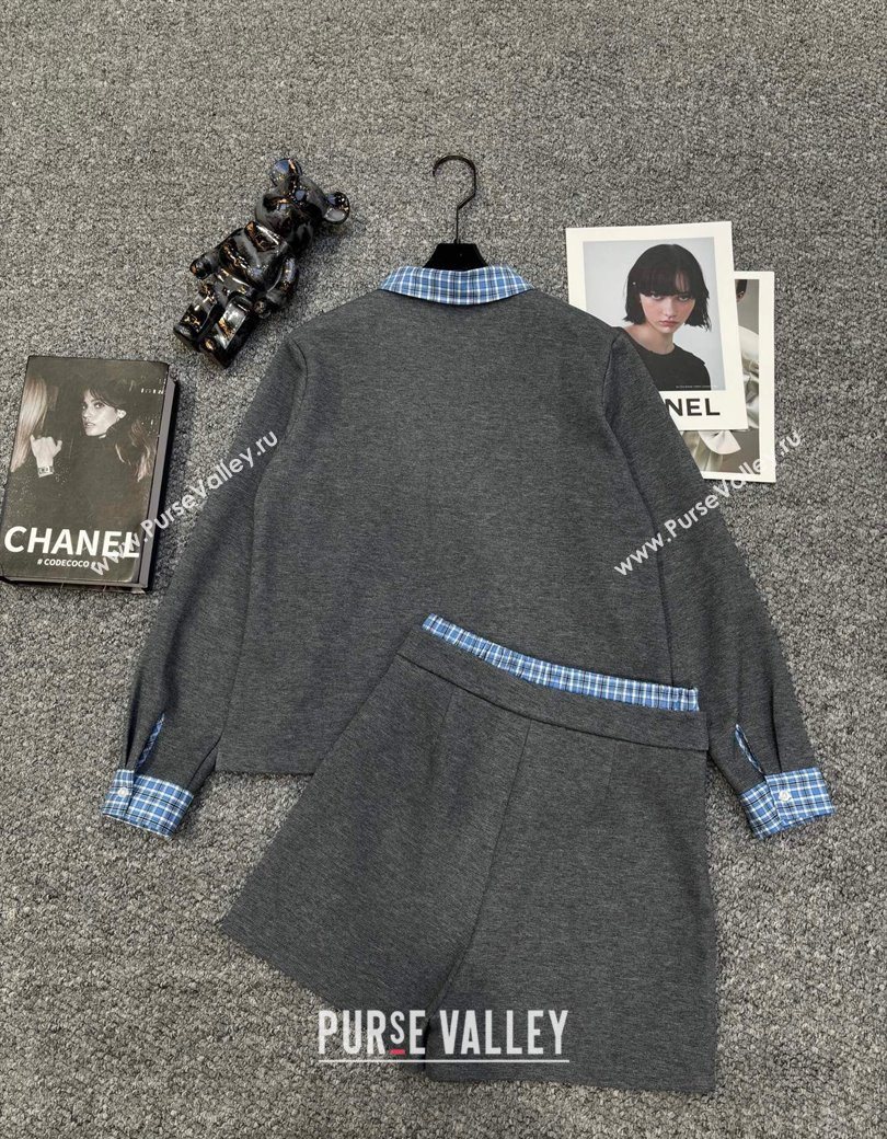 Miu Miu Sweatshirt and Shorts Set with Plaid Trim Grey 2025 MIU0903014 (QI-250903015)