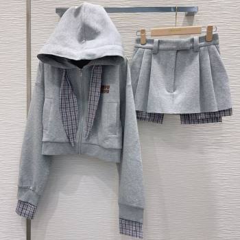Miu Miu Jacket and Mini Skirt Set with Plaid Trim Grey 2025 MIU0903023 (QI-250903027)