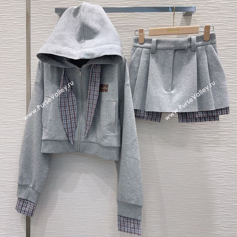 Miu Miu Jacket and Mini Skirt Set with Plaid Trim Grey 2025 MIU0903023 (QI-250903027)