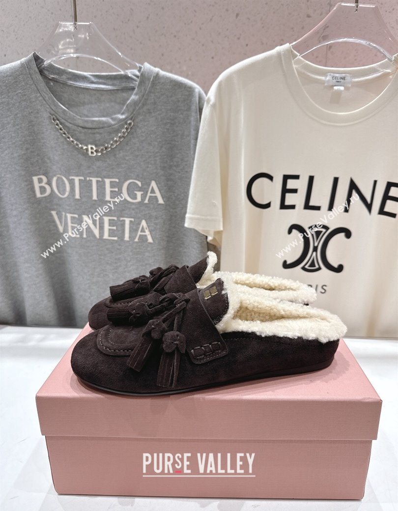 Miu Miu Tassel Suede and Wool Mules Briarwood Brown 2025 MM120801 (MD-251208014)