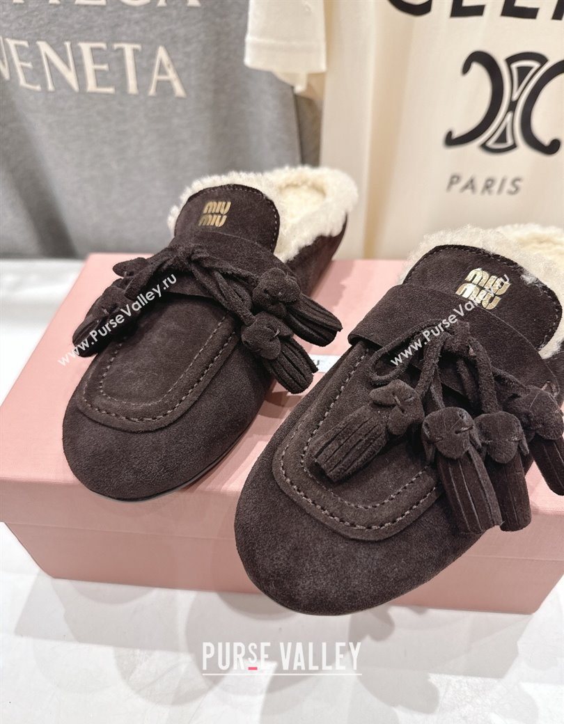 Miu Miu Tassel Suede and Wool Mules Briarwood Brown 2025 MM120801 (MD-251208014)