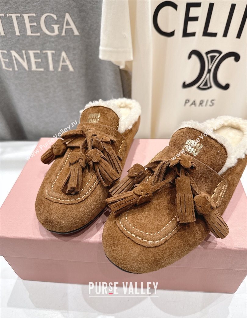 Miu Miu Tassel Suede and Wool Mules Cinnamon Brown 2025 MM120801 (MD-251208015)