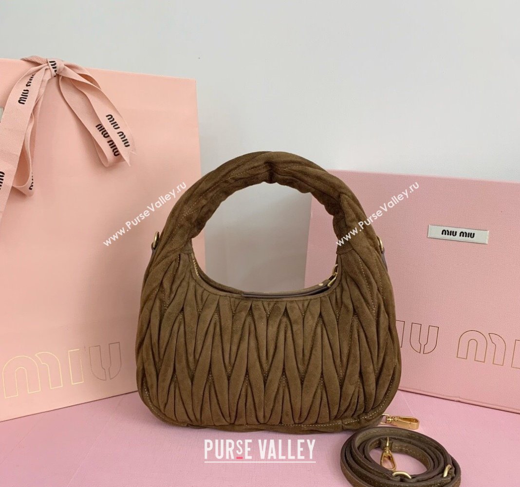 Miu Miu Wander Matelasse Suede Small Hobo bag 5BC125 Brown2 2025 (LKF-250520089)