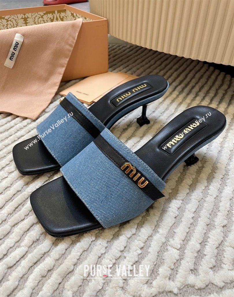 Miu Miu Blue Denim Heel Slides Sandal 4.5cm with Strap Black 2024 (MD-240611063)