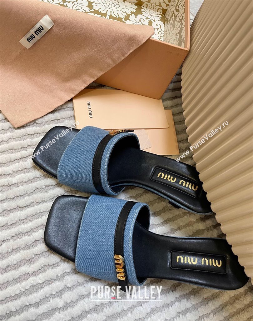 Miu Miu Blue Denim Heel Slides Sandal 4.5cm with Strap Black 2024 (MD-240611063)