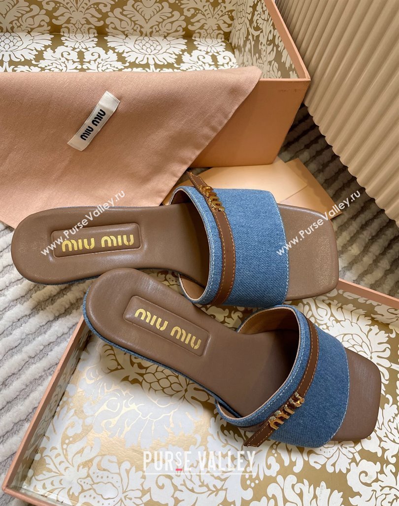 Miu Miu Blue Denim Heel Slides Sandal 4.5cm with Strap Brown 2024 (MD-240611064)