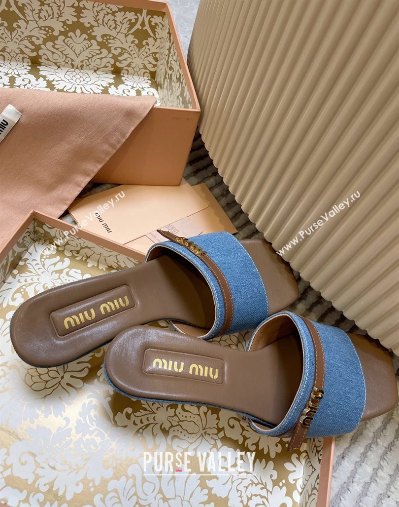 Miu Miu Blue Denim Heel Slides Sandal 4.5cm with Strap Brown 2024 (MD-240611064)