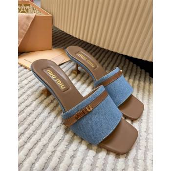 Miu Miu Blue Denim Heel Slides Sandal 4.5cm with Strap Brown 2024 (MD-240611064)